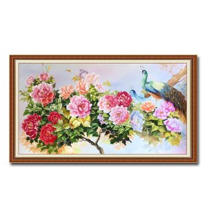 Tranh treo tường hoa mẫu đơn chim công đẹp
