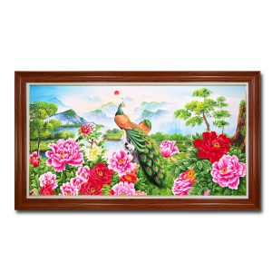 Tranh treo tường sơn dầu hoa mẫu đơn chim công