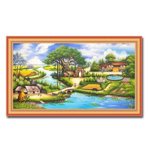 Tranh phong cảnh làng quê xưa đẹp vẽ sơn dầu