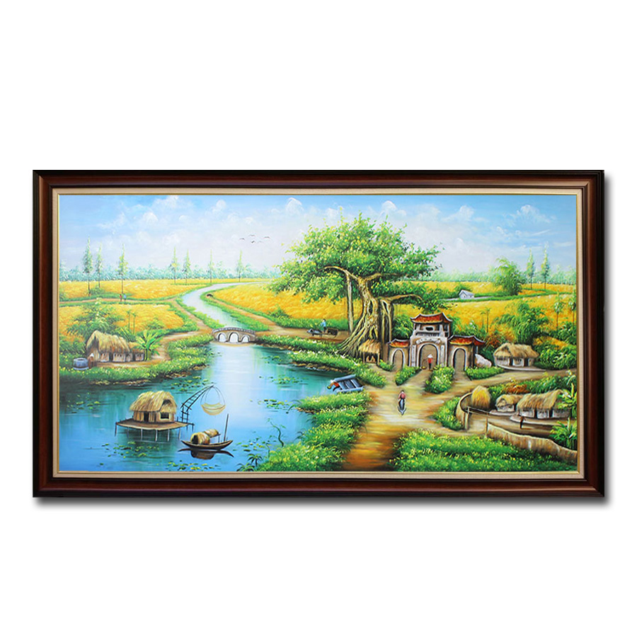 Tranh treo tường phong cảnh làng quê cánh đồng lúa chín đẹp