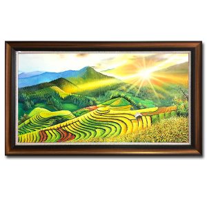 Tranh đẹp vẽ ruộng lúa bậc thang tây bắc với phong cảnh ấn tượng