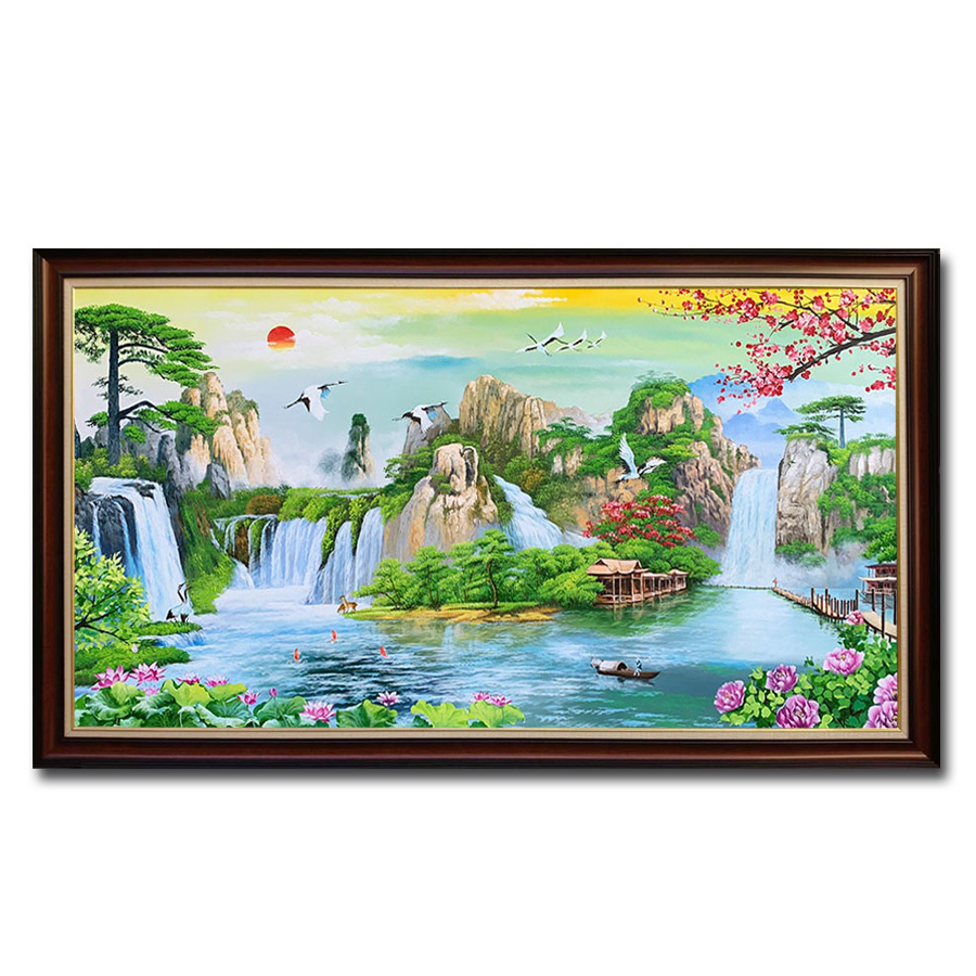 Tranh phong thủy núi non đẹp vẽ sơn dầu
