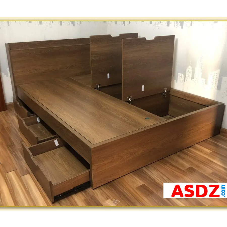 Hình ảnh giường ngủ đẹp được thiết kế với các ngăn kéo bên hông và khoang chứa đồ dưới gầm