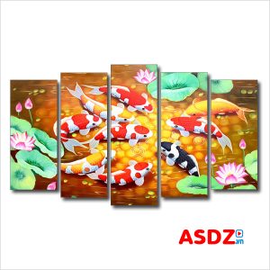 Tranh cửu ngư quần hội đẹp ghép bộ hiện đại 5 tấm