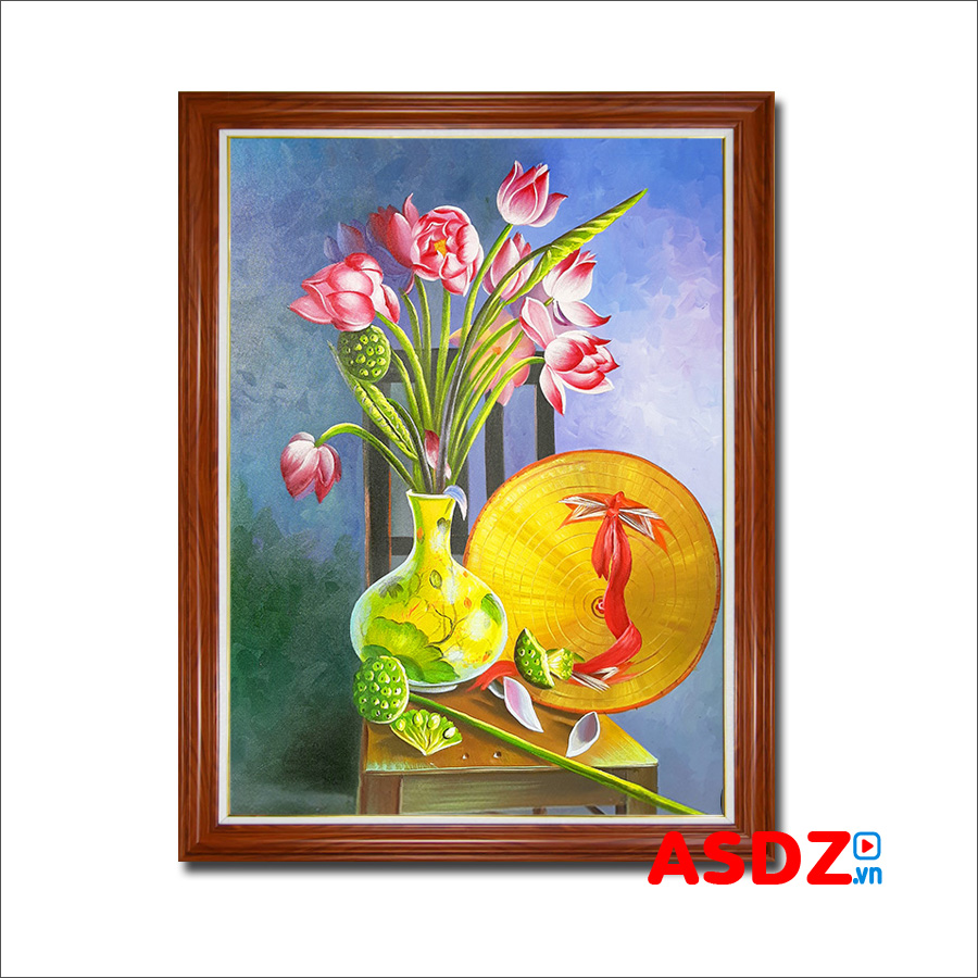 Tranh sơn dầu tĩnh vật đẹp bình hoa sen nón lá