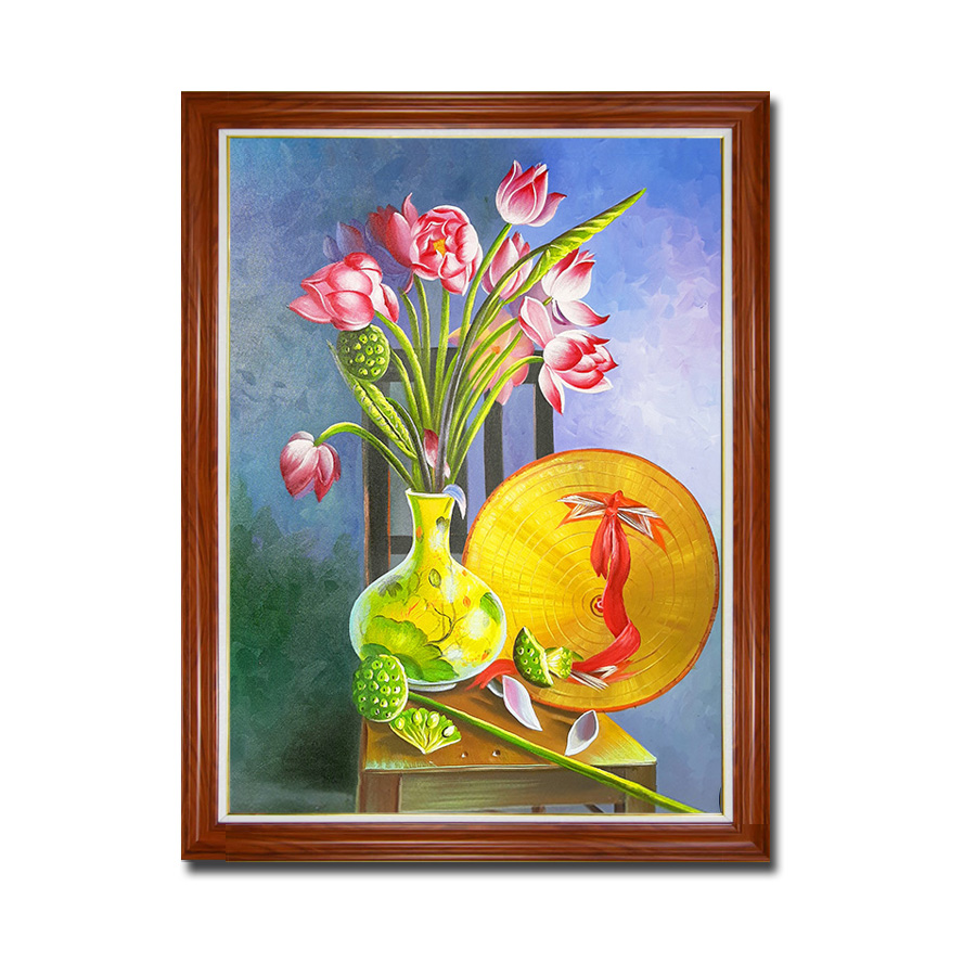 Tranh sơn dầu tĩnh vật đẹp bình hoa sen