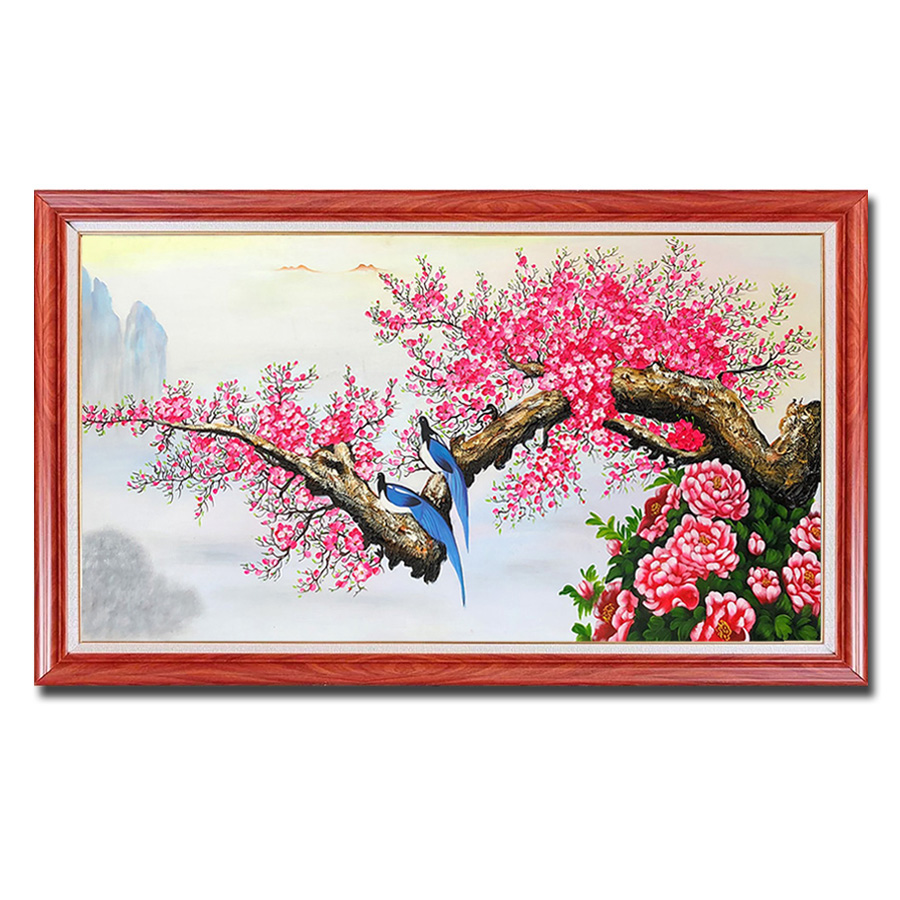 Tranh sơn dầu đẹp vẽ cành đào cổ thụ, hoa mẫu đơn và đôi chim