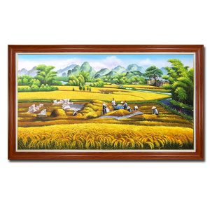 Bức tranh sơn dầu phong cảnh gặt lúa ngày mùa