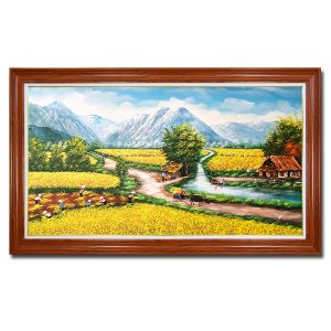 Bức tranh phong cảnh làng quê mùa thu hoạch lúa đẹp