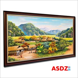 Tranh phong cảnh quê hương miền núi nhà sàn đẹp