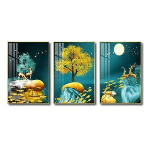 Bộ 3 bức tranh tráng gương hươu nai và cây tài lộc