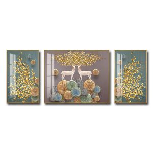 Bộ 3 bức tranh tráng gương đẹp hình ảnh hươu sừng hoa