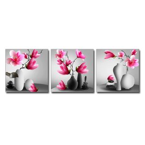 Bộ 3 bức tranh bình hoa mộc lan màu đỏ đẹp