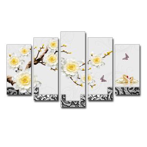 Mẫu tranh đẹp cành hoa màu vàng và đôi thiên nga