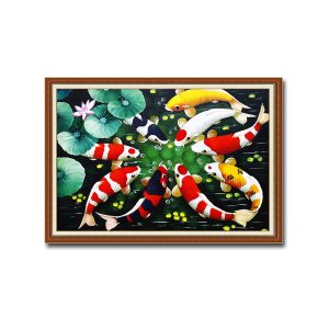 Tranh treo tường đẹp cá chép hoa sen cửu ngư quần hội