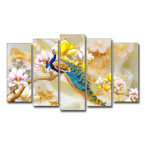 Mẫu tranh đẹp đôi chim công đậu trên cành hoa