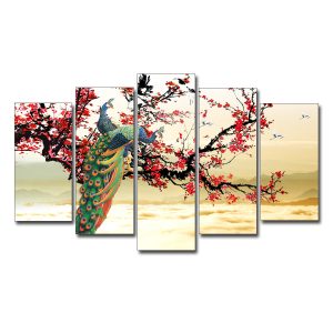 Mẫu tranh đôi chim công đậu trên cành đào đẹp