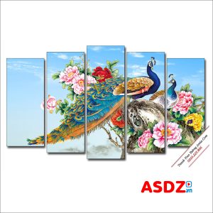 Bộ tranh hoa mẫu đơn và đôi chim công đẹp kiểu ghép 5 tấm