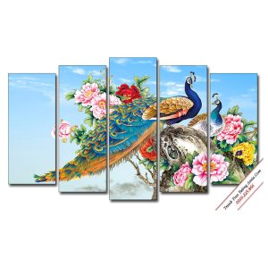 Bộ tranh hoa mẫu đơn và đôi chim công đẹp kiểu ghép 5 tấm