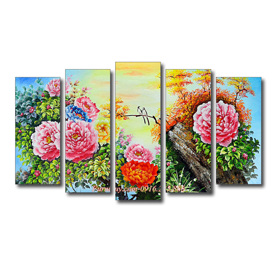 Tranh hoa mẫu đơn đẹp kiểu ghép bộ 5 tấm hiện đại