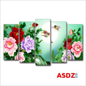 Tranh hoa mẫu đơn và đôi chim đẹp ghép bộ 5 tấm