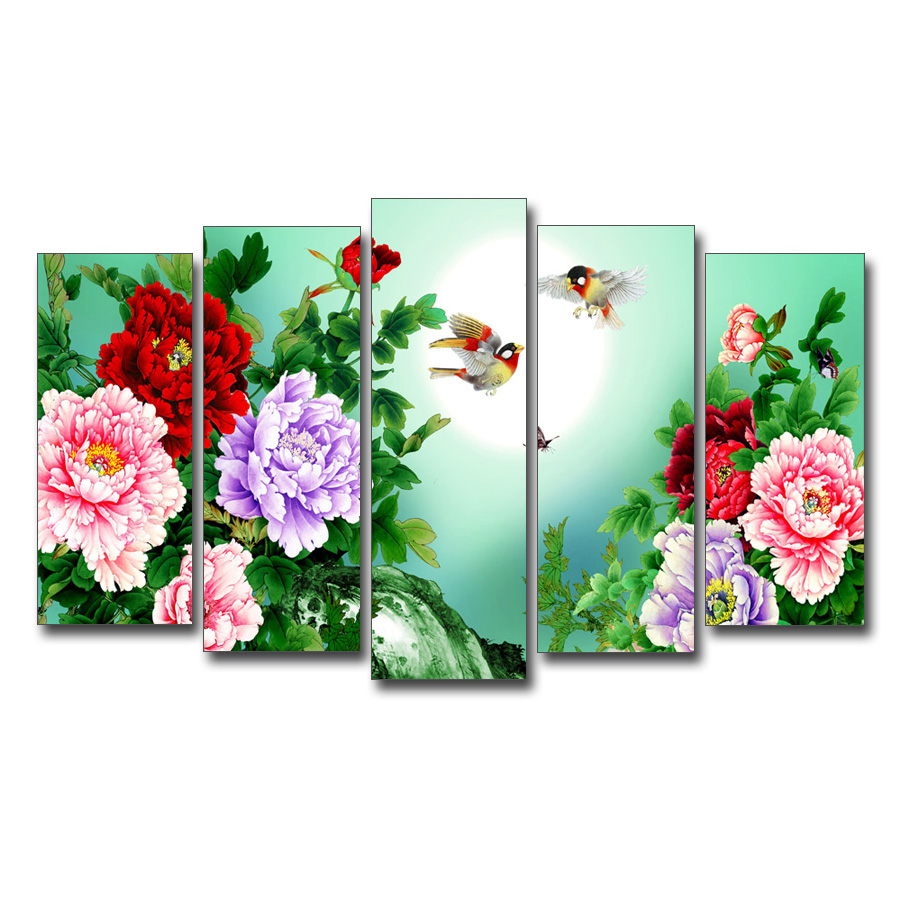 Tranh hoa mẫu đơn và đôi chim đẹp ghép bộ 5 tấm