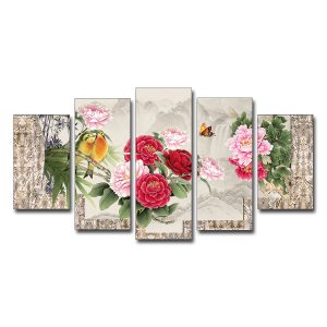 Tranh hoa mẫu đơn và đôi chim đẹp kiểu ghép 5 tấm