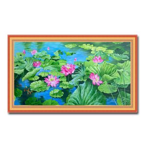 Tranh treo tường sơn dầu vẽ đầm hoa sen đẹp