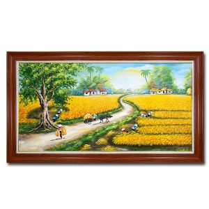Tranh phong cảnh quê hương cánh đồng lúa chín vàng đẹp