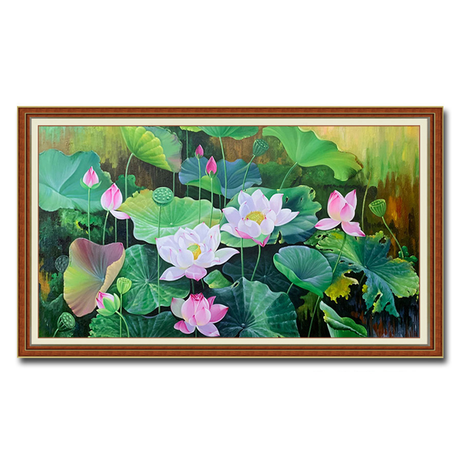 Tranh treo tường hoa sen vẽ sơn dầu đẹp