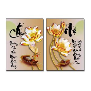 Bộ 2 bức tranh chữ cha mẹ và hoa sen đẹp
