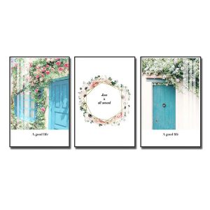 Bộ 3 bức tranh đẹp dàn hoa hồng và khung cửa màu xanh