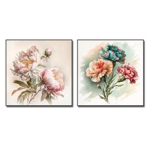Bộ 2 bức tranh đẹp hoa mẫu đơn và hoa cẩm chướng