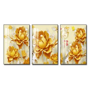 Bộ 3 bức tranh treo tường hình ảnh hoa mẫu đơn vàng kiểu 3D đẹp