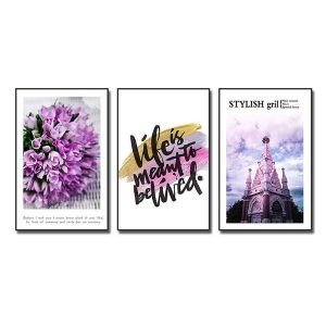 Bộ 3 bức tranh canvas hoa tím, lâu đài và slogan