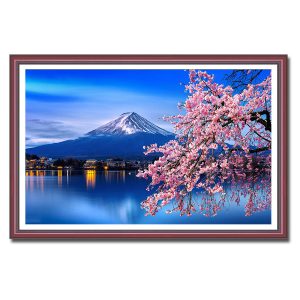 Bức tranh treo tường đẹp phong cảnh núi phú sĩ nhìn từ hồ nước với hoa anh đảo rủ