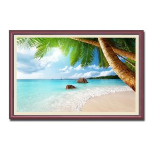 Mẫu tranh treo tường đẹp phong cảnh bãi biển và hàng dừa xanh ngả bóng