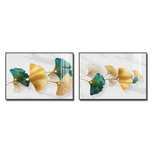 Bộ 2 bức tranh lá cây nghệ thuật đẹp in tráng gương