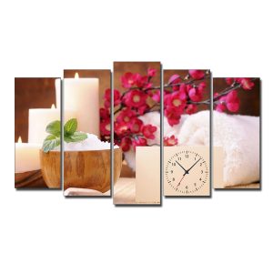 Tranh spa ghép bộ 5 tấm đẹp hình ảnh hoa đào, khăn tắm, nến thơm
