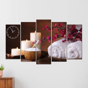 Mẫu tranh trang trí spa đẹp kiểu ghép 5 tấm có đồng hồ xem giờ