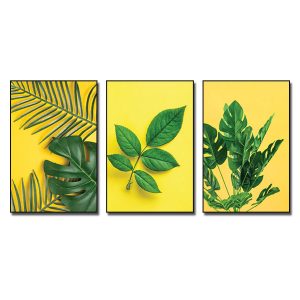 Bộ tranh treo tường đẹp lá cây xanh trên nền vàng