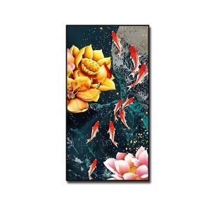 Tranh treo tường khổ đứng đẹp cá chép hoa sen vàng và hồng