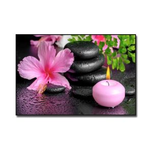 Tranh trang trí spa đẹp hình ảnh đá cuội, hoa dâm bụt và nến thơm màu tím hồng