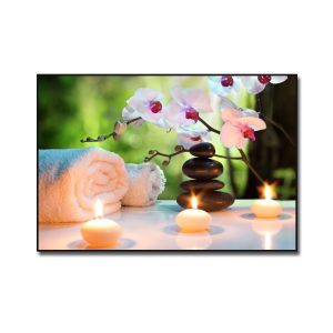 Tranh treo spa đẹp hình ảnh hoa lan, đá cuội, nến thơm và khăn tắm