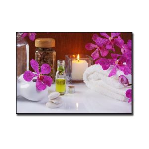Tranh trang trí spa đẹp tinh-dầu, nền thơm, hoa lan và khăn tắm