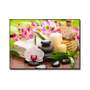 Tranh treo tường trang trí spa đẹp hình ảnh tinh dầu, nến thơm, khăn tắm, hoa lan, đá cuội