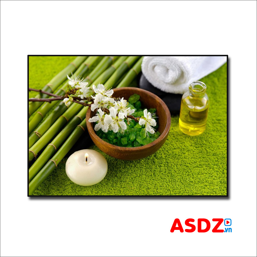 Tranh spa đẹp hình ảnh hoa mai trắng, nến thơm, tinh dầu, muối tắm