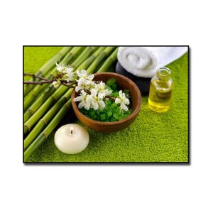 Tranh spa đẹp hình ảnh hoa mai trắng, nến thơm, tinh dầu, muối tắm