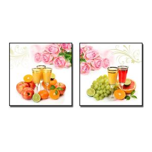 Bộ 2 bức tranh treo phòng ăn đẹp hình ảnh hoa hồng, các loại quả và ly nước ép