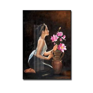 Tranh treo tường đẹp cô gái bên hoa sen kiểu khổ dọc